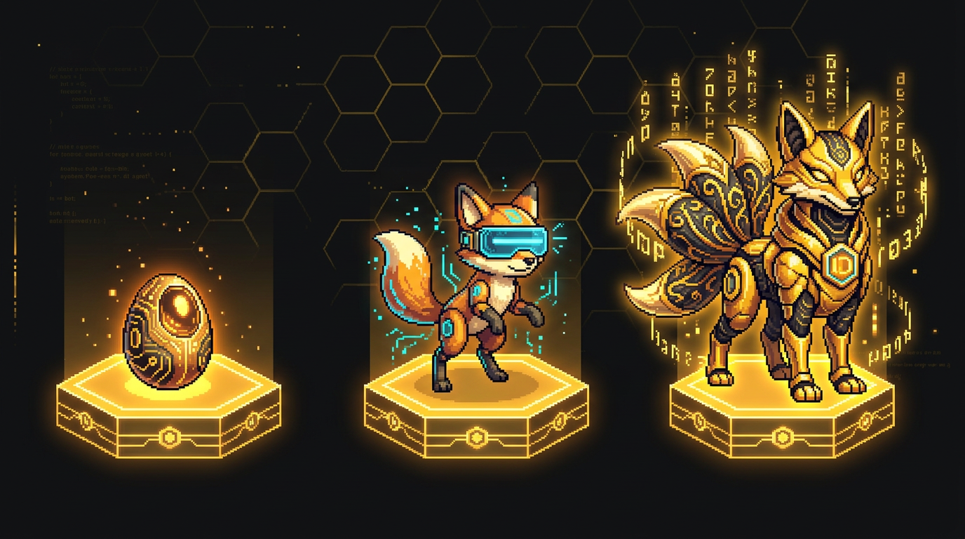 Three Familiar evolution stages on golden hex pedestals